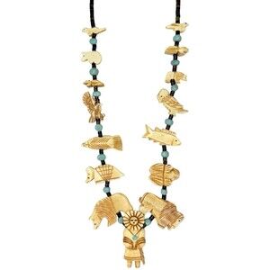 VTG Native American Zuni Sun Kachina Carved Animal Fetish Necklace 34.5"